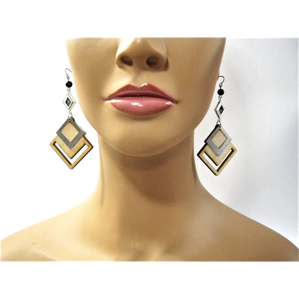 Steel and Wood Long Drop Earrings w/ Crystal accents 3.5 inch Pierced or Clip on
